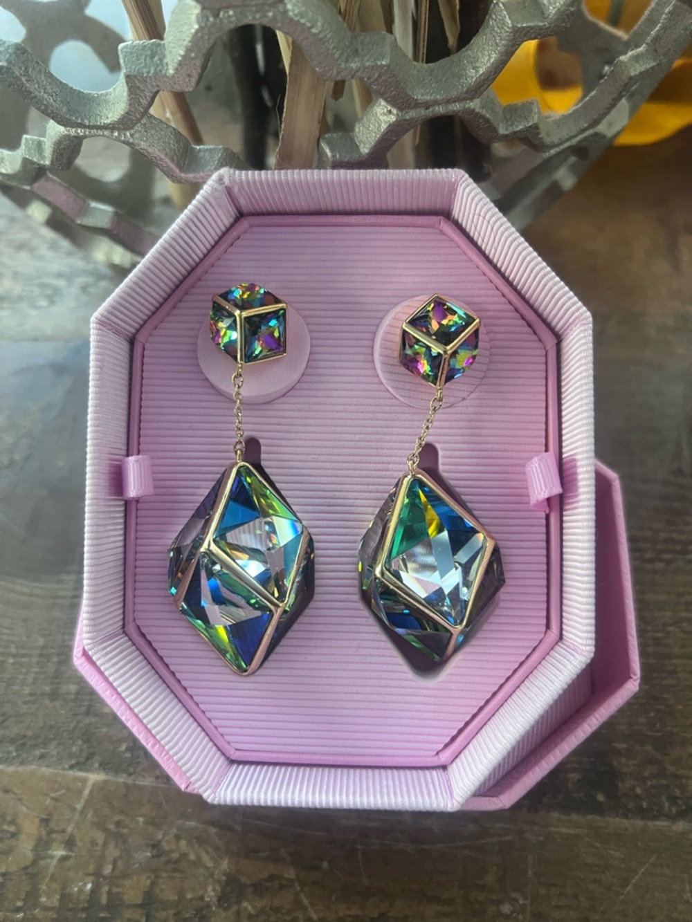 Swarovski Iridescent Multicolor Geometric Drop Earrings with Gold Tone